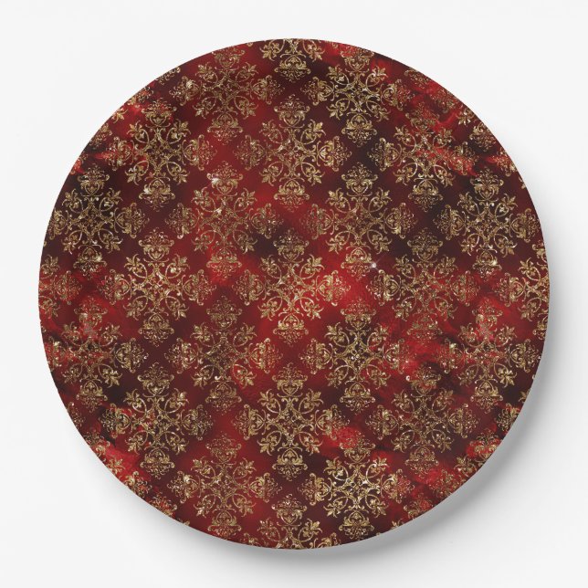 Elegant Red Gold Pattern Christmas Paper Plate (Front)