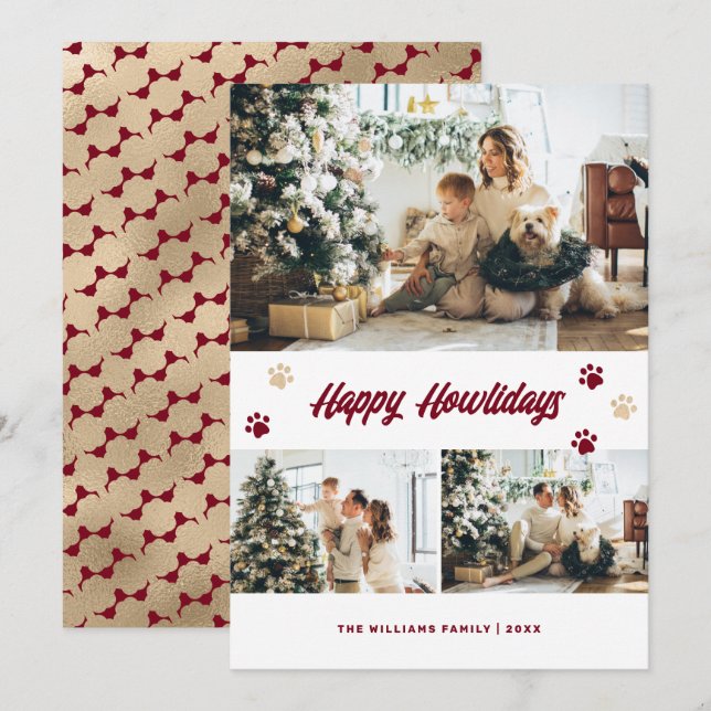 Elegant Red Gold Paws Photo Happy Howlidays Holiday Card (Front/Back)