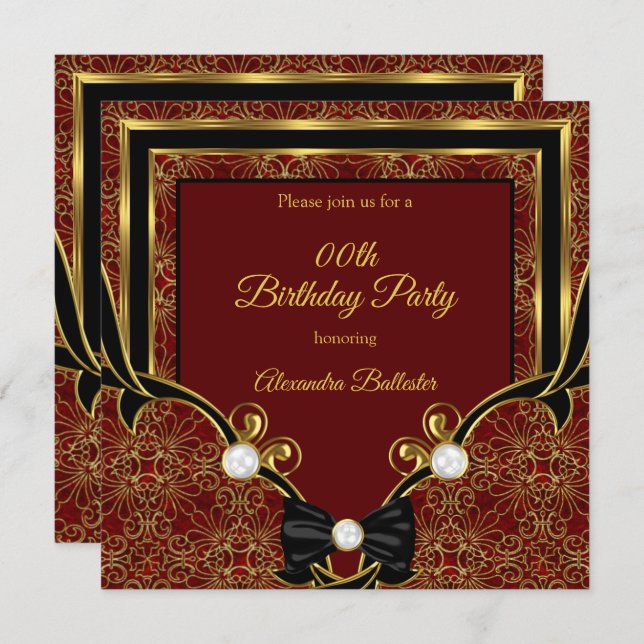 Elegant Red Gold Pearl Black Bow Birthday Party Invitation (Front/Back)