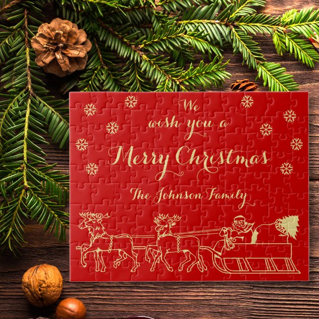 Elegant Red Gold Personalised Christmas Gift Fun Jigsaw Puzzle (Personalized Christmas Gift Family Game Red Gold Jigsaw Puzzle)