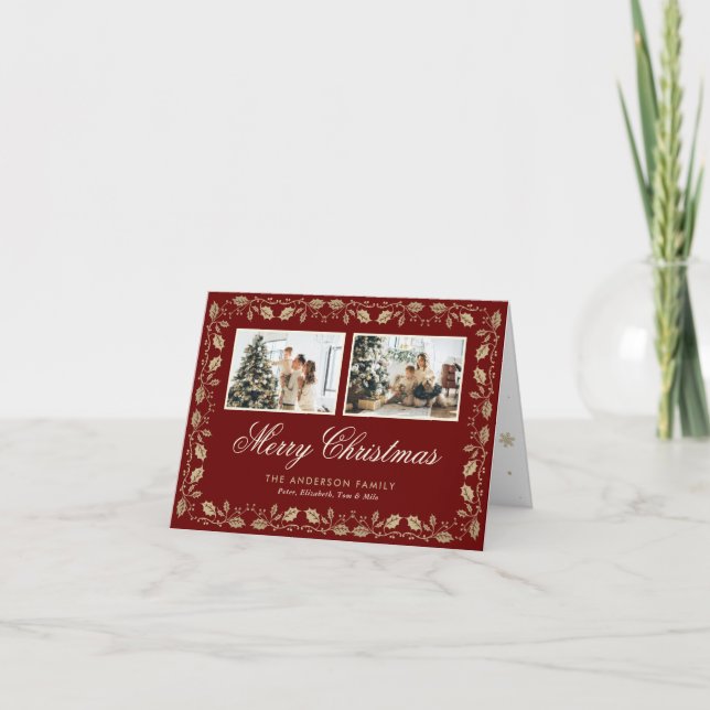 Elegant Red Gold Photo Merry Christmas Folded Holiday Card (Front)