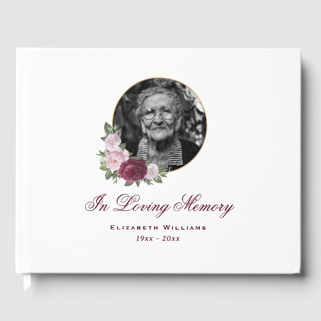 Elegant Red Gold Pink Floral Funeral Photo Guest Book (Front)