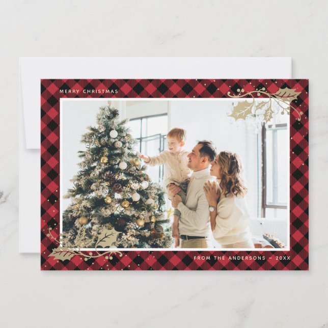 Elegant Red Gold Plaid Photo Christmas Card (Front)