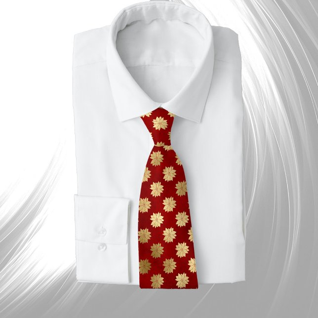 Elegant Red Gold Poinsettia Floral Christmas Tie (Creator Uploaded)