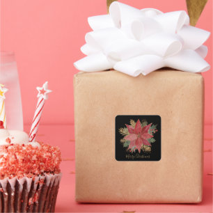 Elegant Red Gold Poinsettia Flower Merry Christmas Square Sticker