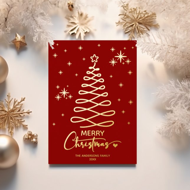 Elegant Red Gold Ribbon Tree Christmas Photo Foil Holiday Card (Creator Uploaded)