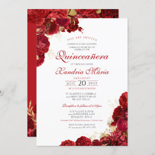 Elegant Red & Gold Rose Floral Quinceanera Invitation