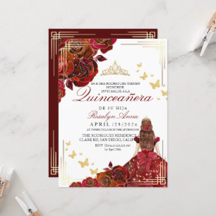Elegant  Red Gold Rose Princess Quinceañera Invitation