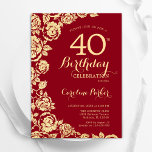 Elegant Red Gold Roses 40th Birthday Invitation<br><div class="desc">Red gold floral 40th birthday party invitation. Elegant design featuring roses,  faux gold foil and typography script font. Trendy invite card perfect for a stylish female bday celebration. Can be customised to any age. Printed Zazzle invitations or instant download digital printable template.</div>