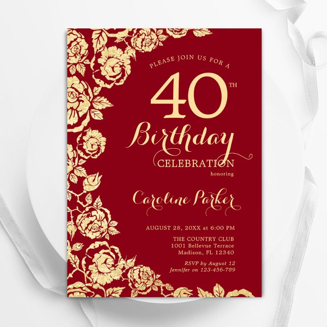 Elegant Red Gold Roses 40th Birthday Invitation (Creator Uploaded)
