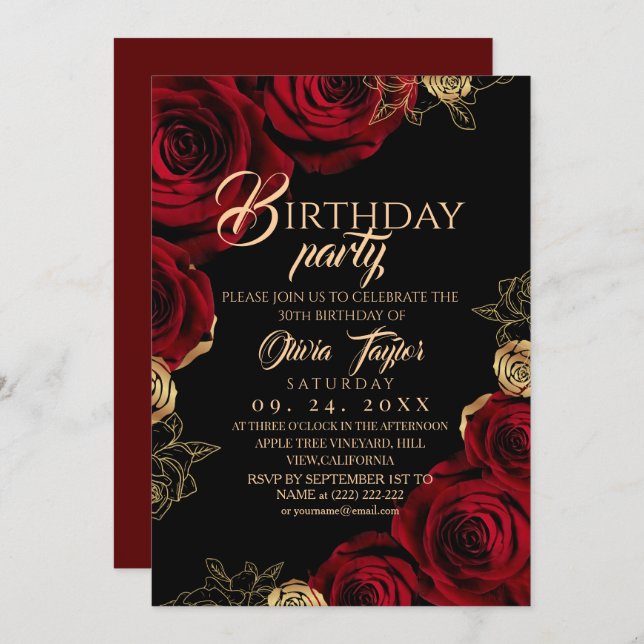 Elegant Red Gold Roses Birthday Party Invitation (Front/Back)