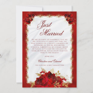 Elegant Red Gold Roses Floral Photo Wedding Announcement