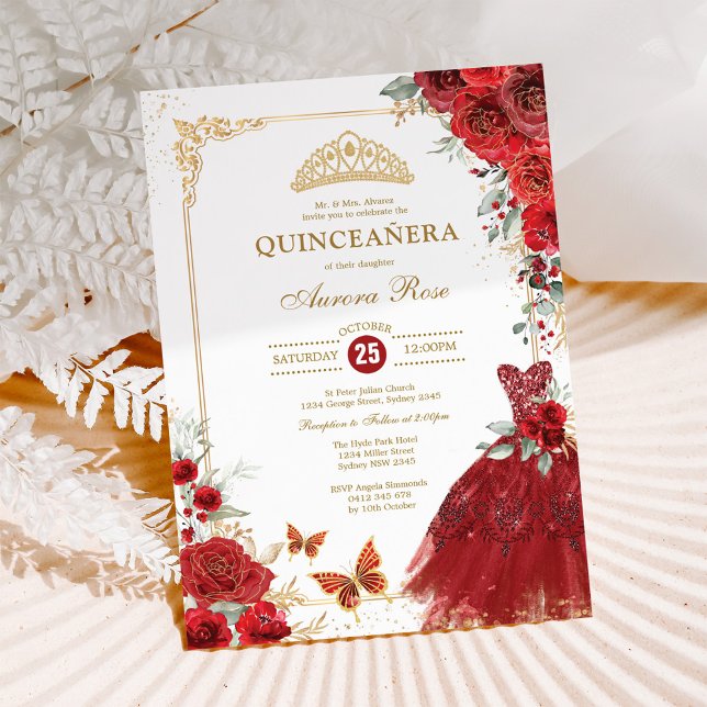 Elegant Red Gold Roses Quinceañera Princess Invitation (Creator Uploaded)