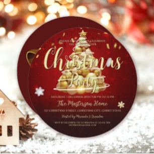 Elegant Red Gold Round Christmas and Holiday Party Invitation