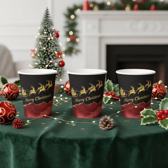 Elegant Red Gold Santa Sleigh Merry Christmas  Paper Cups (Creator Uploaded)