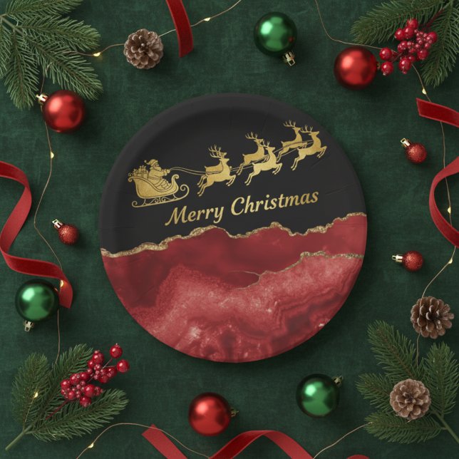 Elegant Red Gold Santa Sleigh Merry Christmas  Paper Plate (Creator Uploaded)