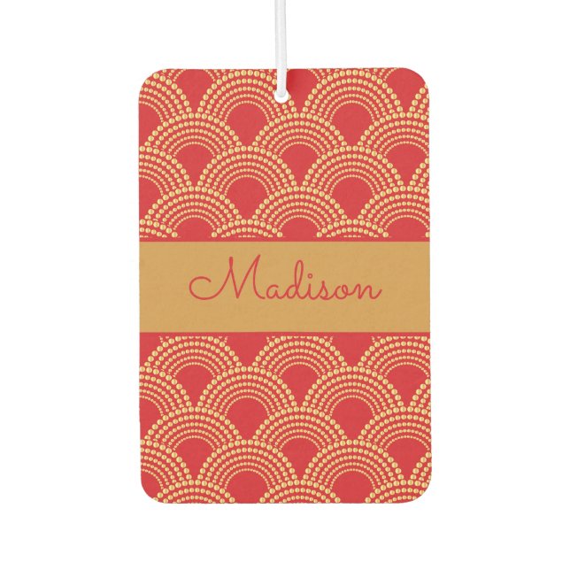Elegant Red Gold Scallop Pattern Personalised Name Car Air Freshener (Front)