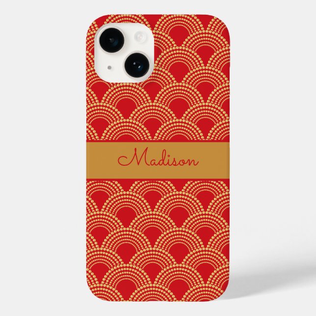 Elegant Red Gold Scallop Pattern Personalised Name Case-Mate iPhone Case (Back)