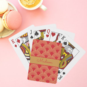 Elegant Red Gold Scallop Pattern Personalised Name Playing Cards