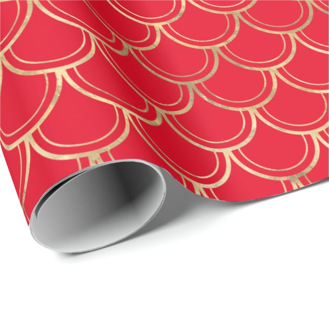 Elegant Red Gold Scallop Pattern Wrapping Paper (Roll Corner)