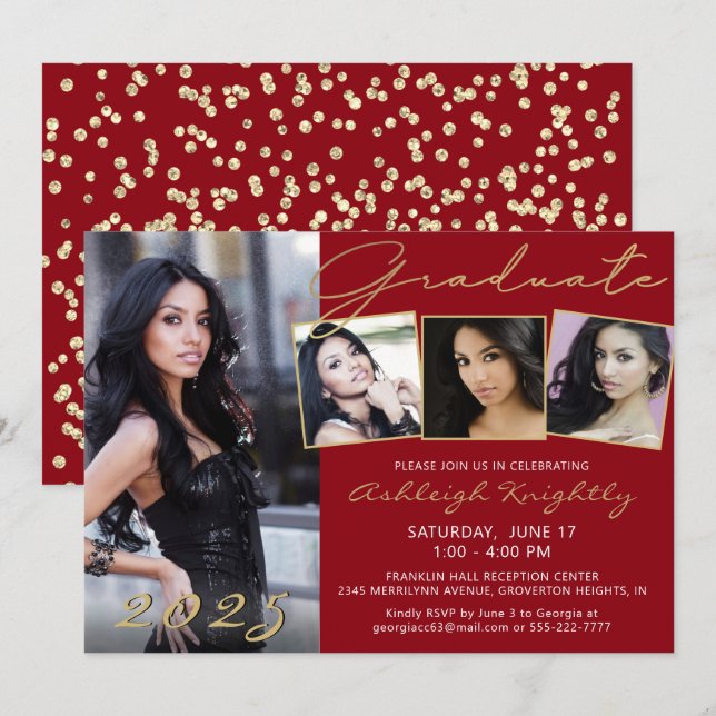 Elegant Red Gold Script 4 Photo Graduate Invitation (Front/Back)
