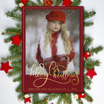Elegant Red Gold Script Merry Christmas Foil Holiday Card<br><div class="desc">Elegant vertical single photo with script Merry Christmas Holiday card. This card has real foil text and is fully customisable and simple to personalise. Add your own picture and details,  perfect for sending to friends and family for the Christmas season.</div>