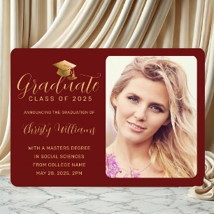 Elegant Red Gold Script Photo College Graduation Announcement