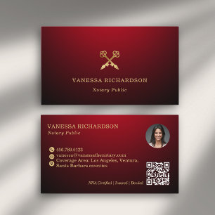 Elegant Red & Gold Skeleton Key Modern Notary QR Business Card