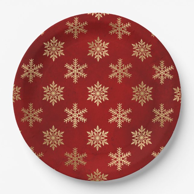 Elegant Red Gold Snowflakes Christmas Paper Plate (Front)