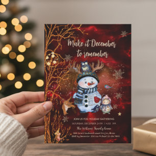 Elegant Red Gold Snowman & Characters Christmas Invitation