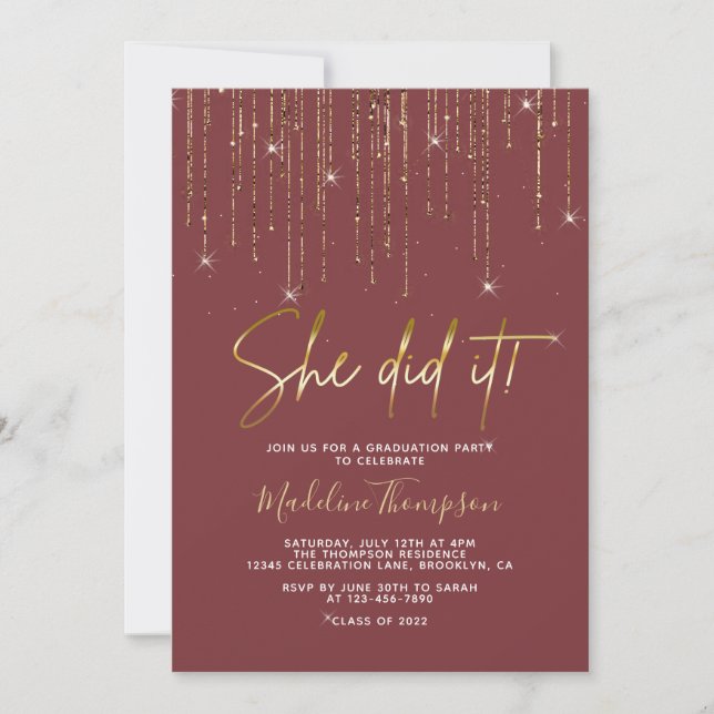 Elegant Red Gold Sparkling She did it Graduation Invitation (Front)