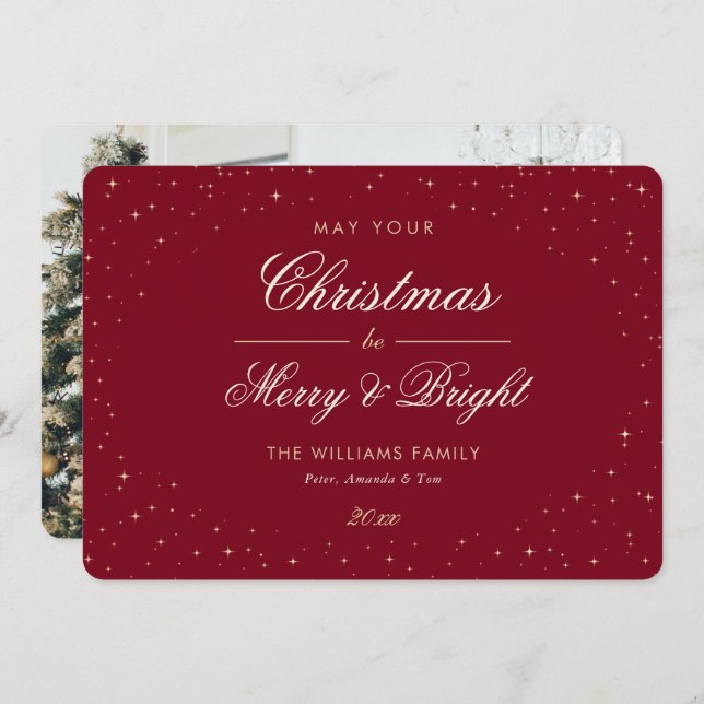 Elegant Red Gold Stars Photo Christmas Holiday Card (Front/Back)