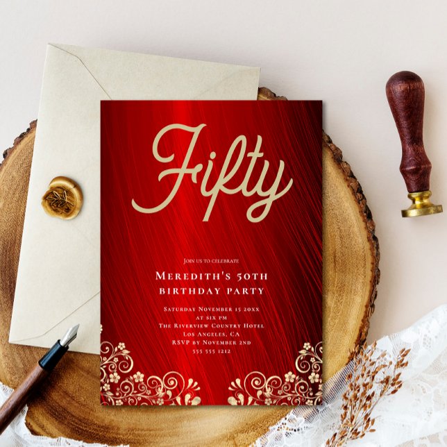 Elegant Red Gold Swirl 50th Birthday Party Invitation (Creator Uploaded)