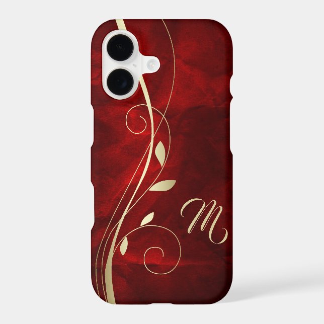 Elegant Red Gold Swirl Leaf Monogram (Back)