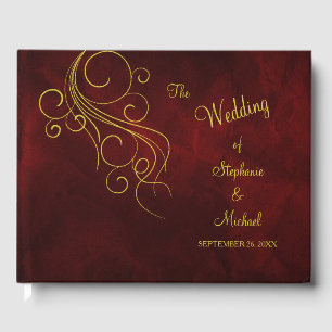 Elegant Red Gold Swirl Wedding Guest Book
