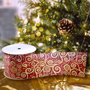 Elegant Red & Gold Swirls Pattern Boho Christmas Satin Ribbon