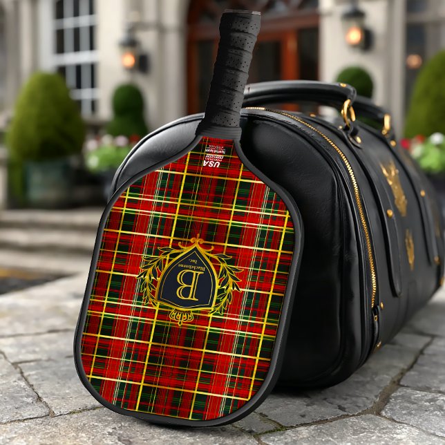 Elegant Red Gold Tartan Monogrammed Corporate  Pickleball Paddle (Elegant Classic Red Plaid Monogrammed Tartan Pickleball Paddle )