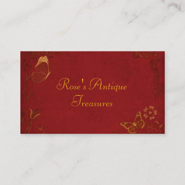 Elegant Red & Gold Vintage Butterflies Business Card (Front)
