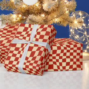 Elegant Red Gold Wavy Chequered Pattern Christmas Wrapping Paper