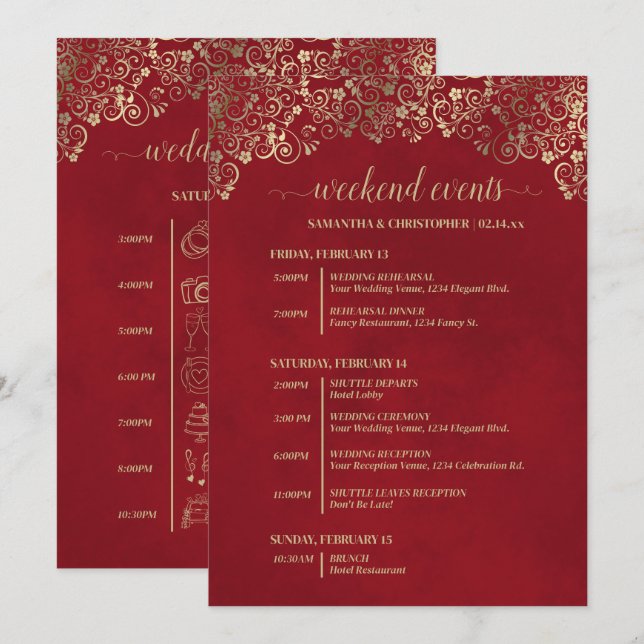 Elegant Red & Gold Wedding Events & Timeline Program (Front/Back)