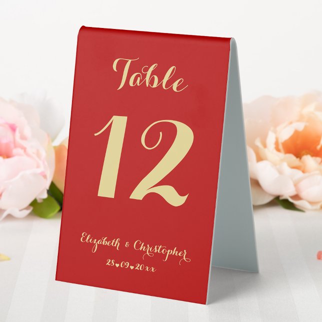 Elegant Red Gold Wedding Reception Table Number (Elegant Red Gold Wedding Reception Table Number Table Tent Sign)