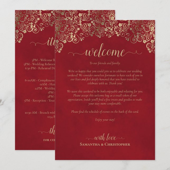 Elegant Red & Gold Wedding Welcome & Itinerary Program (Front/Back)