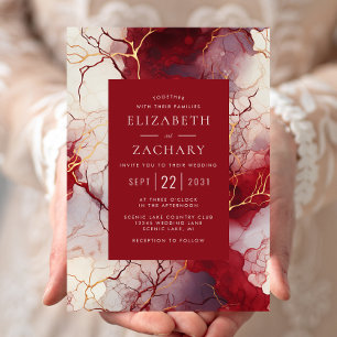 Elegant Red Gold White Marble Wedding Invitation