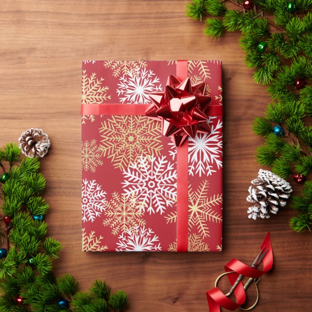 Elegant Red Gold Winter Snowflakes Holiday Pattern Wrapping Paper (Holiday Gift)
