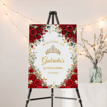 Elegant Red Golden Butterflies Quinceañera Welcome
