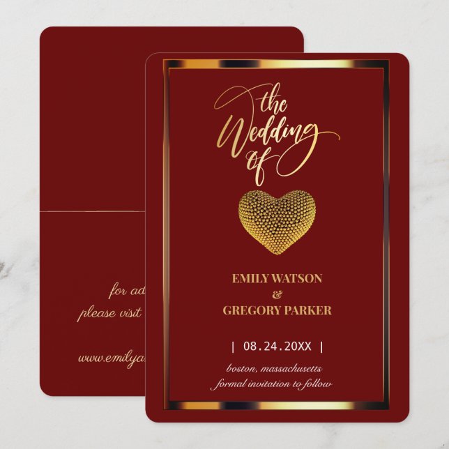 Elegant Red, Golden Frame Wedding Save the Date (Front/Back)