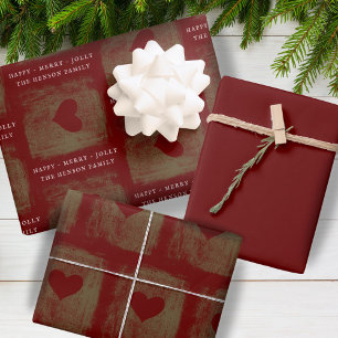 Elegant Red Golden Heart Drawing Family Christmas Wrapping Paper Sheet