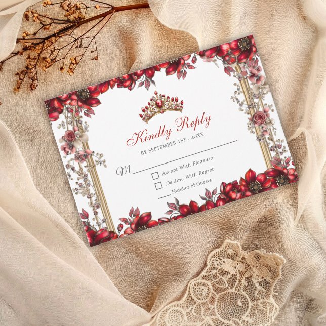 Elegant Red Golden Tiara Floral Quinceañera RSVP Card (Creator Uploaded)