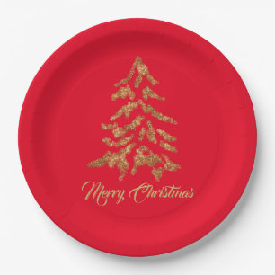 Elegant Red Golden Tree Merry Christmas Paper Plate