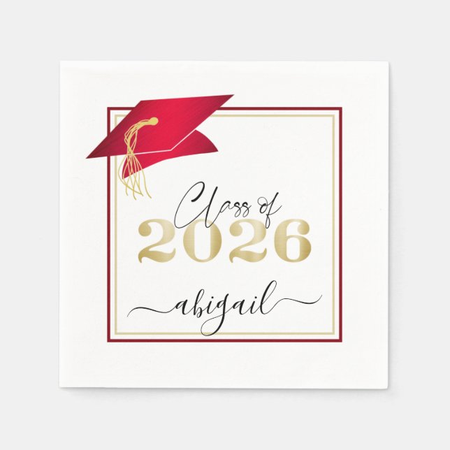 Elegant Red Graduation Cap Metallic Gold Script Napkin (Front)